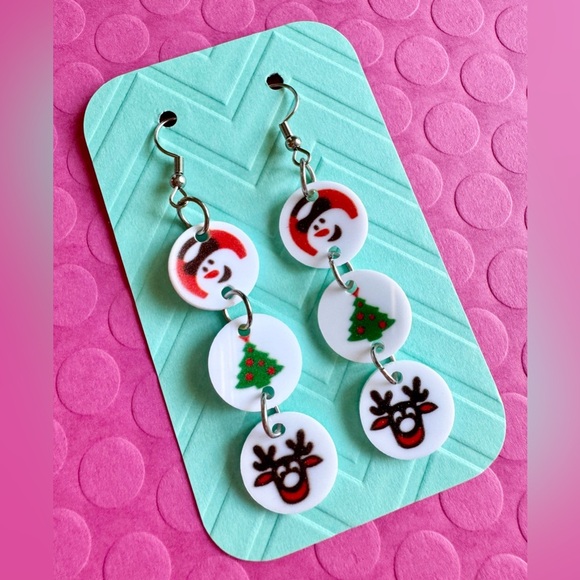 New Pillsbury Christmas Cookie Design Snowman, Tree, Reindeer Acrylic Earrings - Picture 3 of 3
